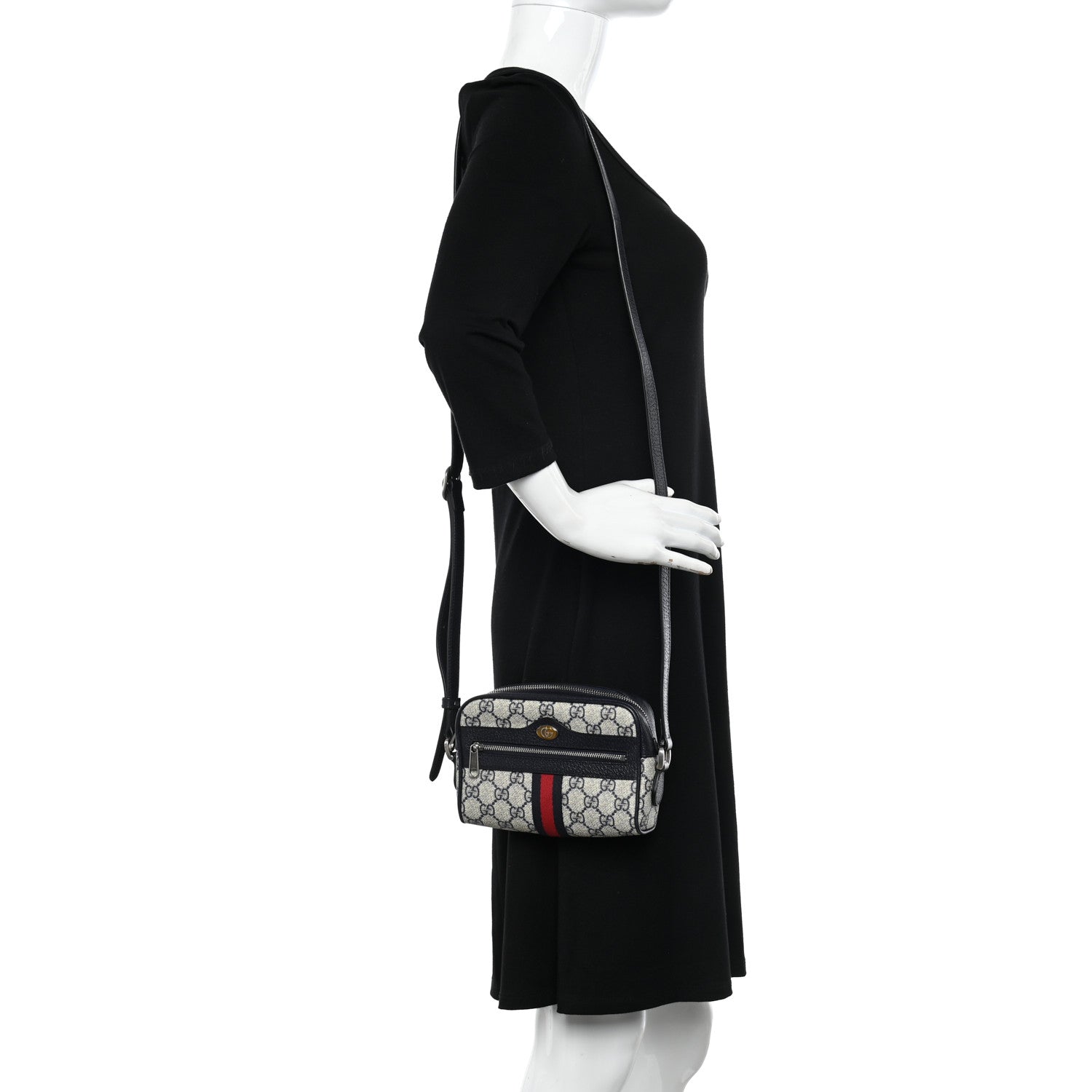 Gucci GG Supreme Monogram Textured Dollar Calfskin Web Mini Ophidia Shoulder Bag Beige Blue 2 of 11
