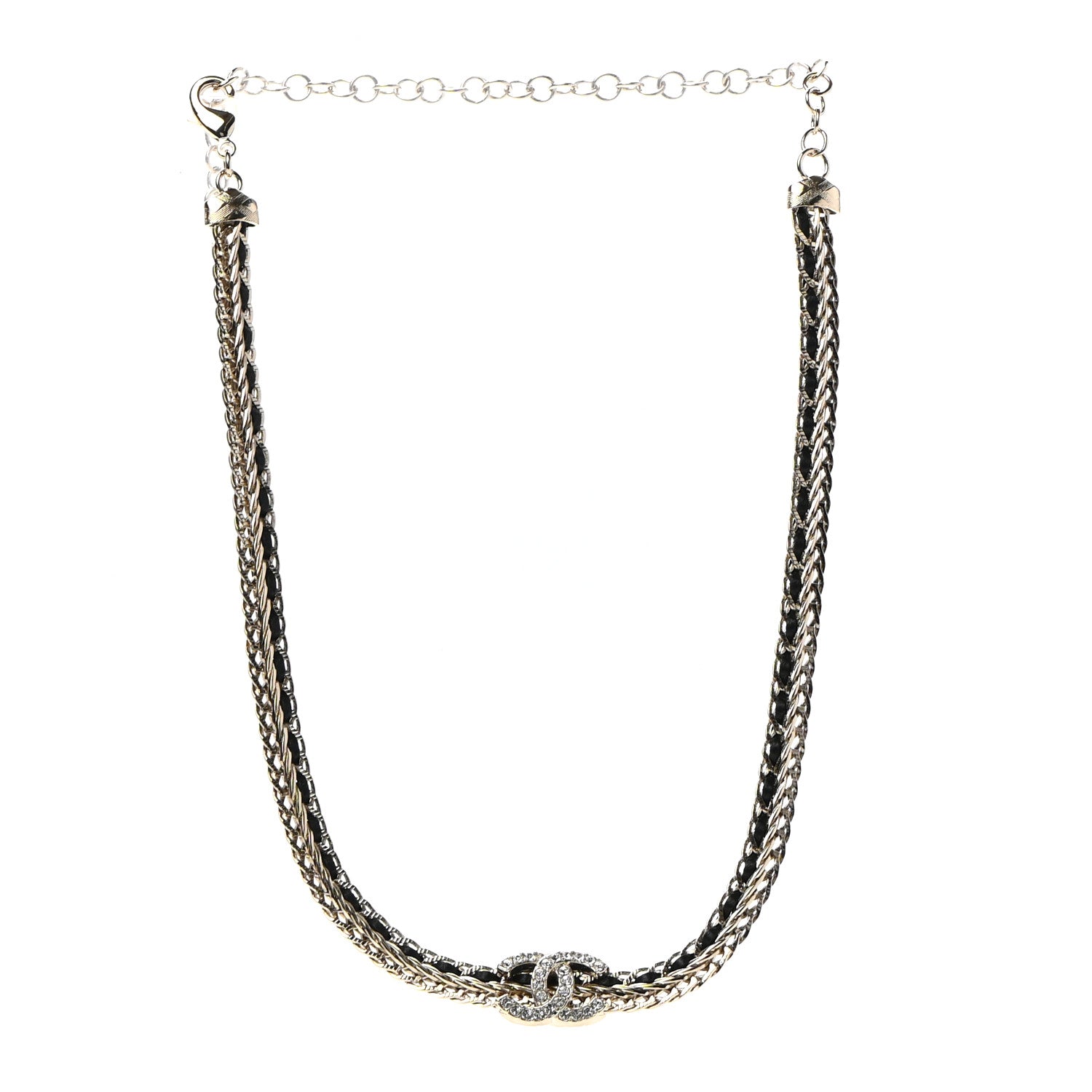 Chanel Metal Lambskin Crystal Chain CC Necklace Black Gold 3 of 7