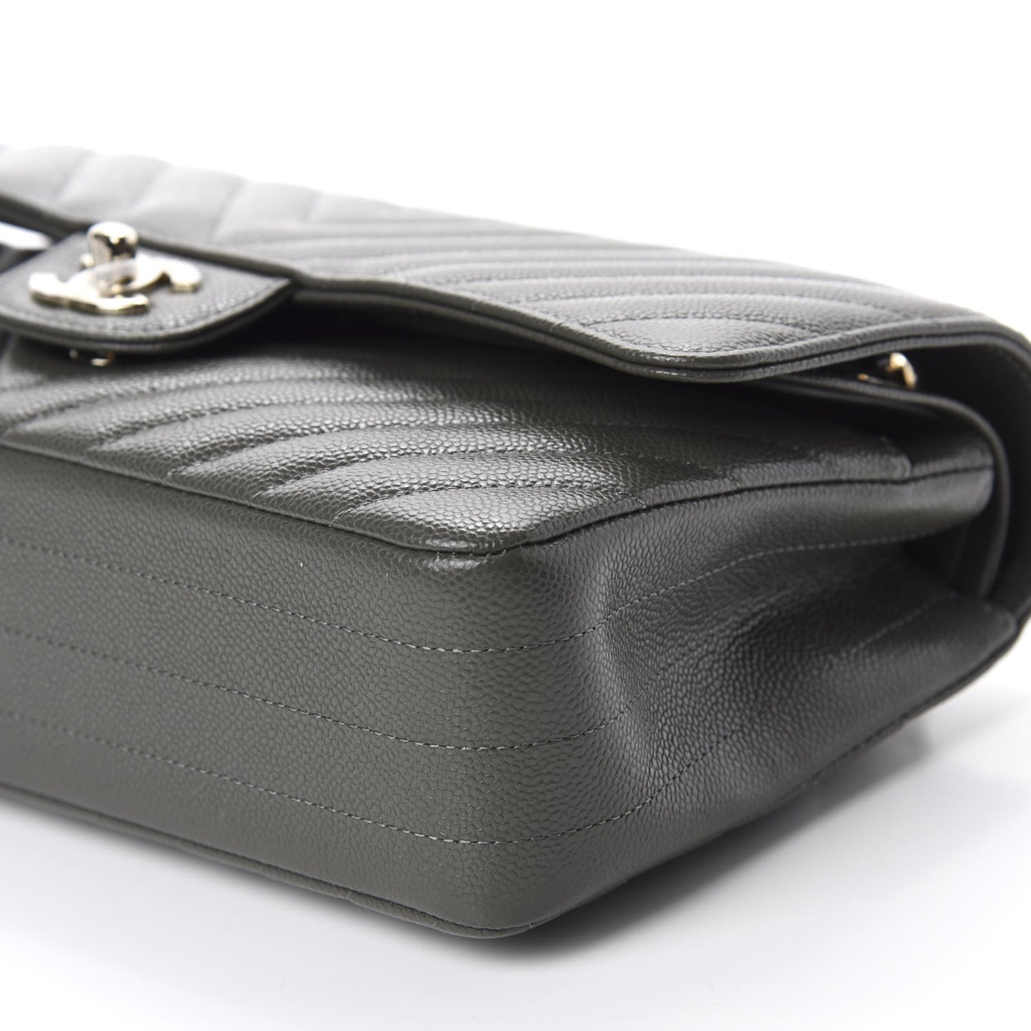 Caviar Chevron Quilted Medium Double Flap Dark Grey