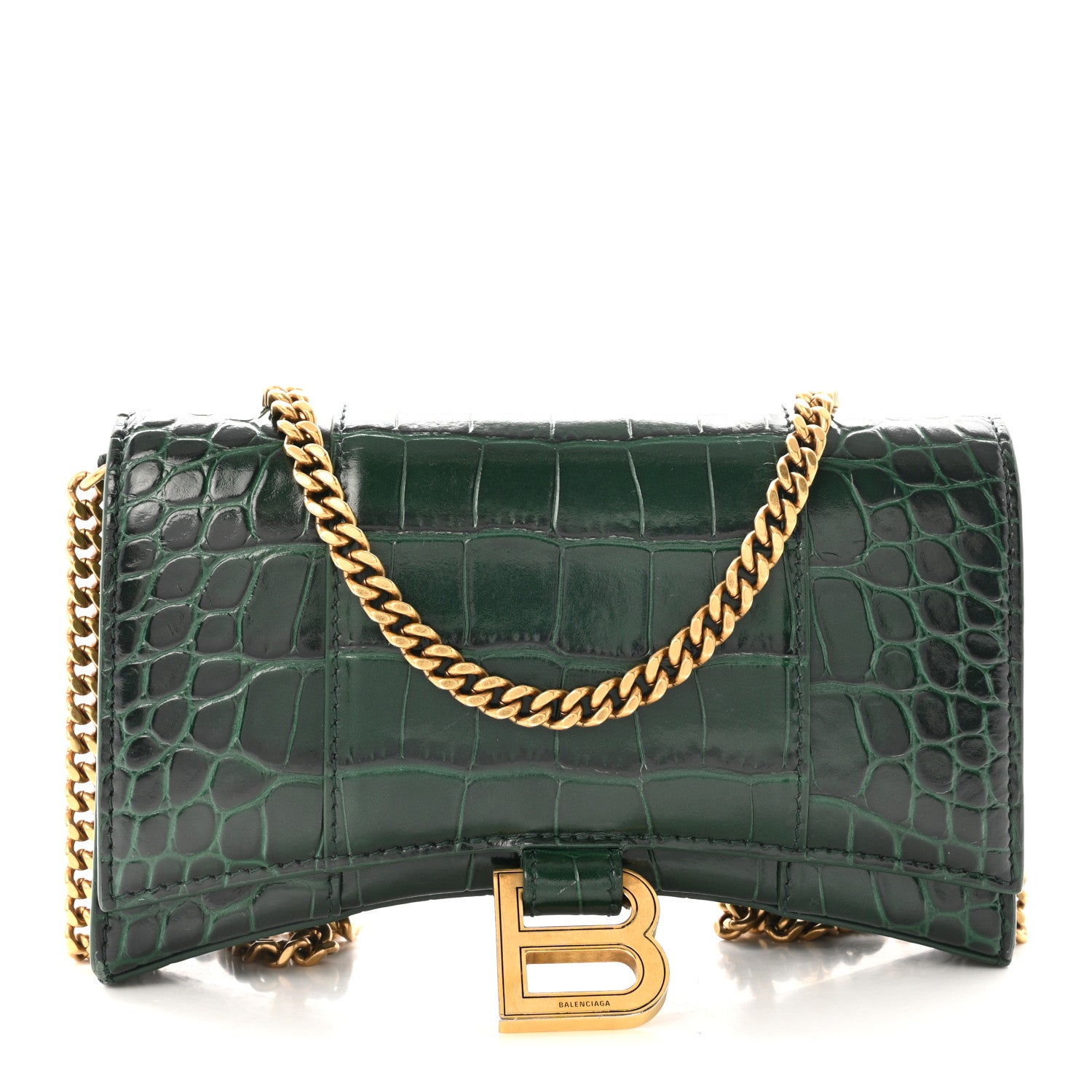 Balenciaga Shiny Calfskin Crocodile Embossed Hourglass Chain Bag Forest Green 1 of 9