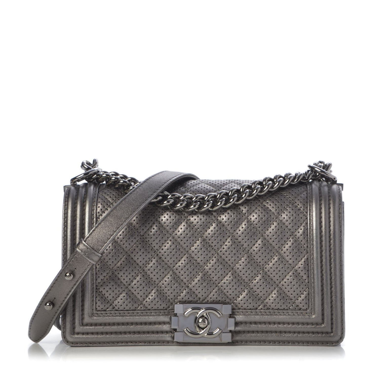 Metallic Lambskin Perforated Medium Boy Flap Dark Silver