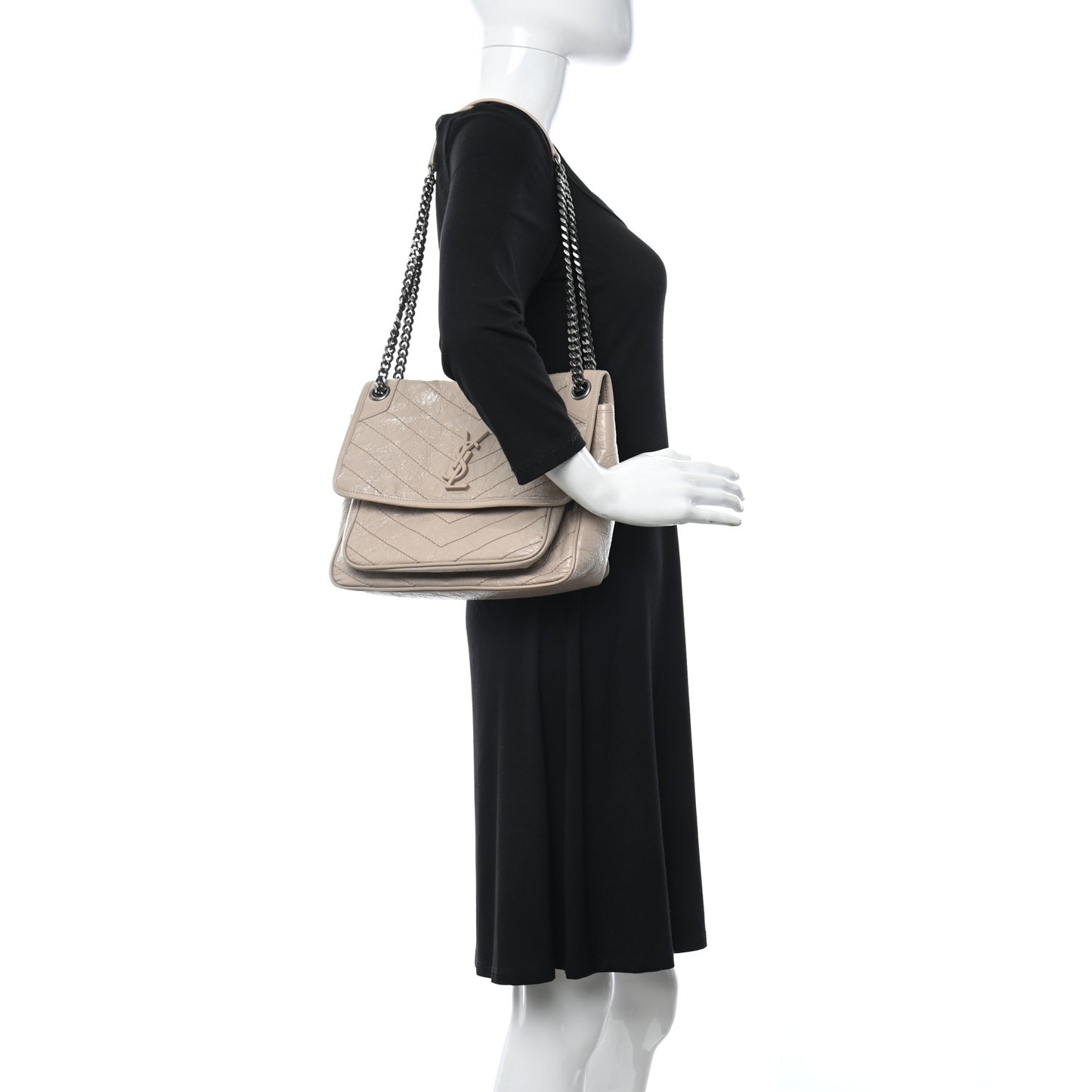 Crinkled Calfskin Matelasse Monogram Medium Niki Chain Satchel Natural