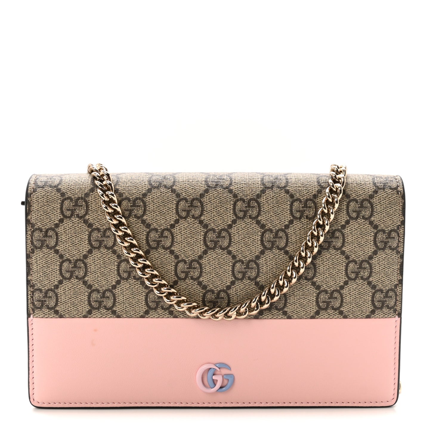 GG Supreme Monogram Textured Dollar Calfskin Mini GG Marmont Chain Wallet Light Pink Blue Beige