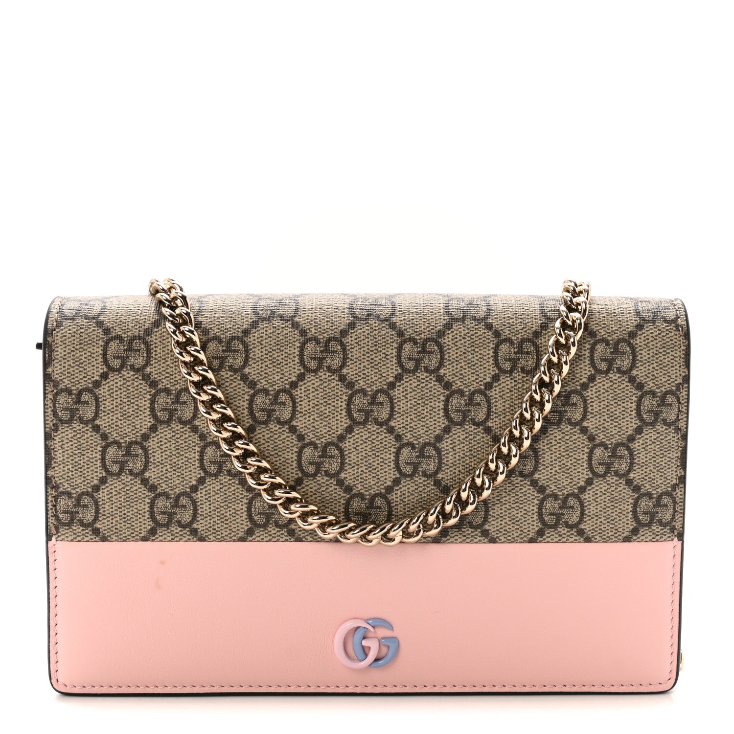 Gucci GG Supreme Monogram Textured Dollar Calfskin Mini GG Marmont Chain Wallet Light Pink Blue Beige 1 of 9