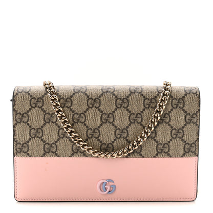 Gucci GG Supreme Monogram Textured Dollar Calfskin Mini GG Marmont Chain Wallet Light Pink Blue Beige 1 of 9