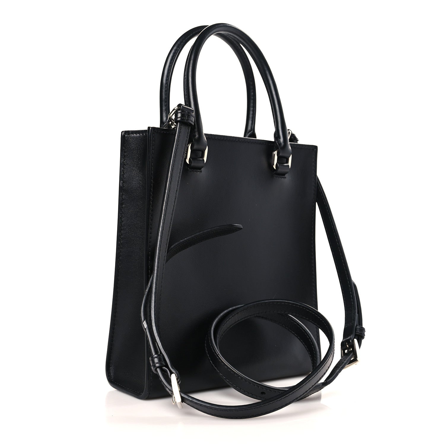 Prada Soft Calfskin Triangle Logo Embossed Small Double Handle Crossbody Tote Black 3 of 8