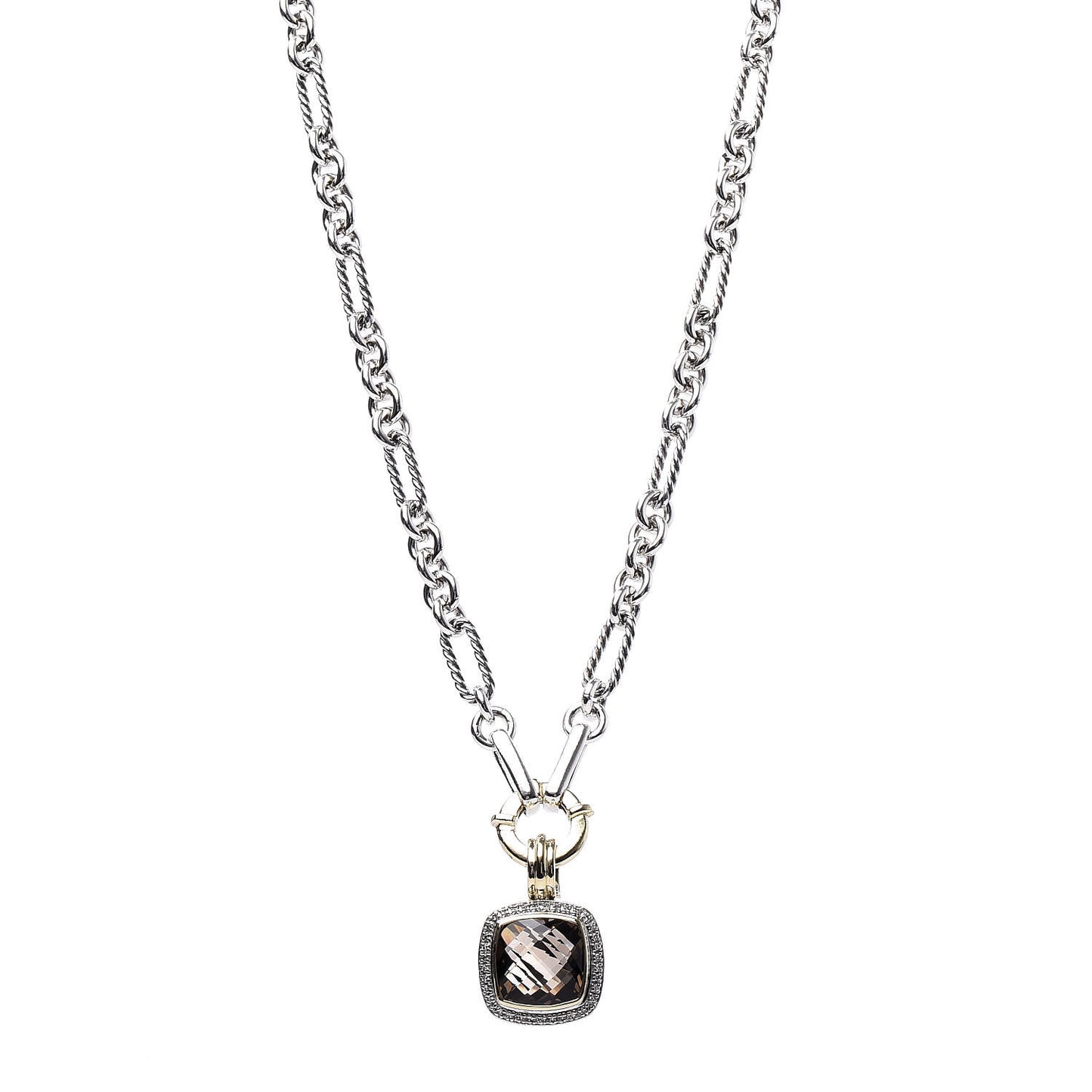 Sterling Silver 18K Yellow Gold Diamond Smoky Quartz 14mm Albion Figaro Chain Pendant Necklace