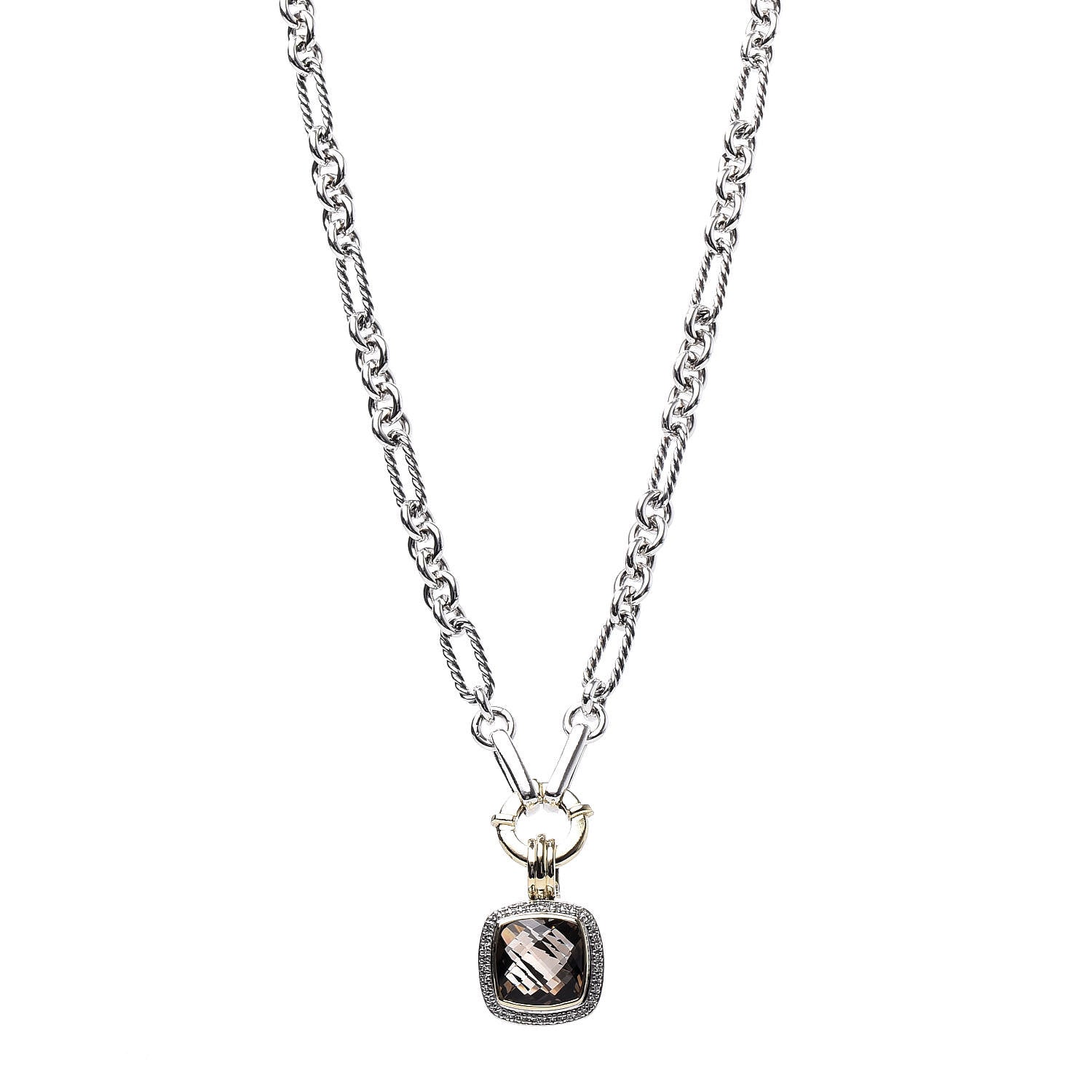 David Yurman Sterling Silver 18K Yellow Gold Diamond Smoky Quartz 14mm Albion Figaro Chain Pendant Necklace 1 of 6