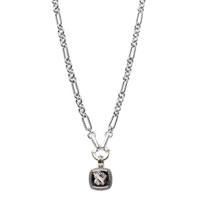 David Yurman Sterling Silver 18K Yellow Gold Diamond Smoky Quartz 14mm Albion Figaro Chain Pendant Necklace 1 of 6