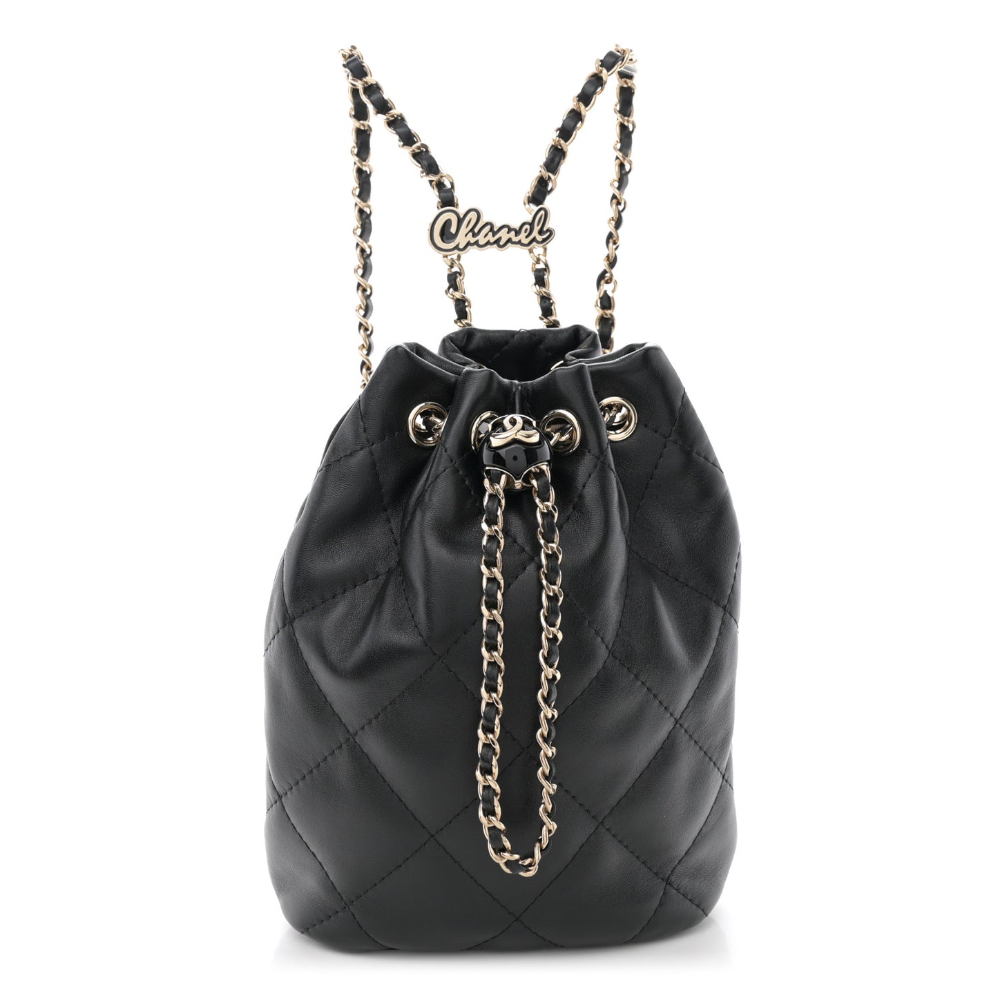 Shiny Lambskin Quilted Drawstring Backpack Black
