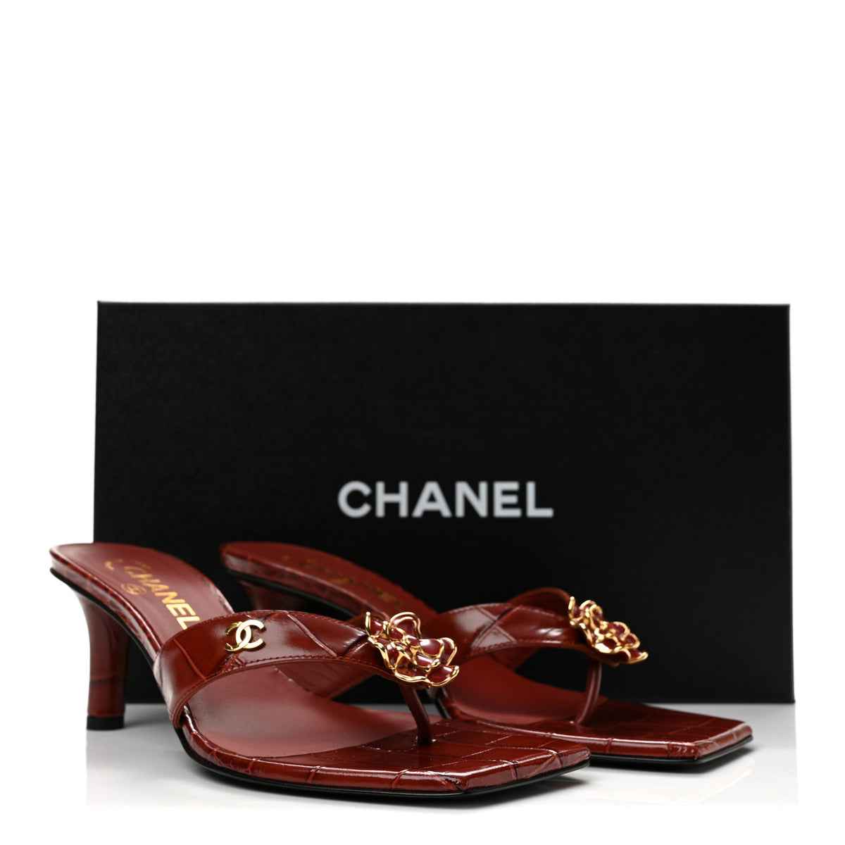 Chanel Crocodile Embossed Patent Calfskin Camellia Thong Sandals 38 Dark Red 10 of 10