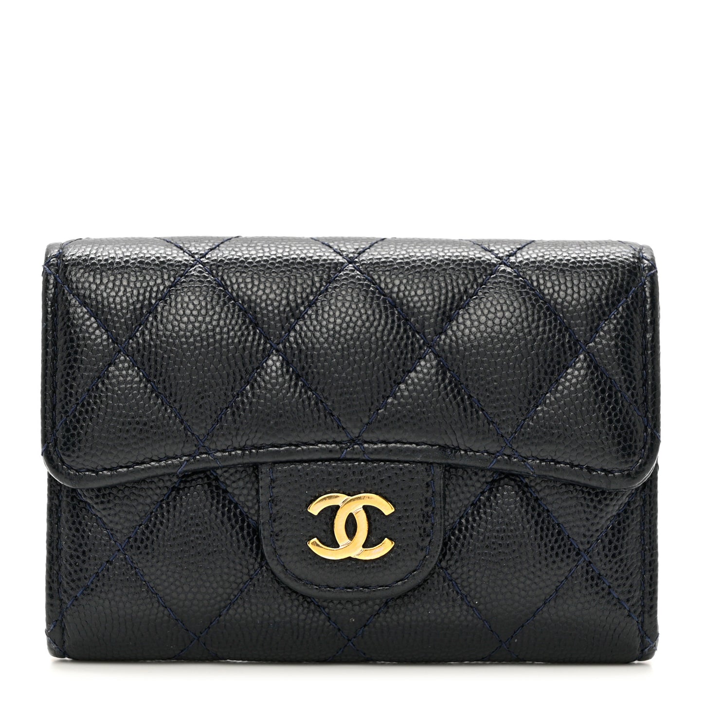 Caviar Quilted Flap Card Holder Wallet Navy Blue
