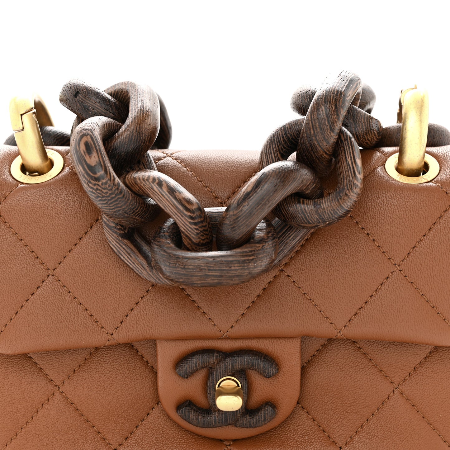 Lambskin Wenge Quilted Mini Fashion Wood Square Flap Light Brown
