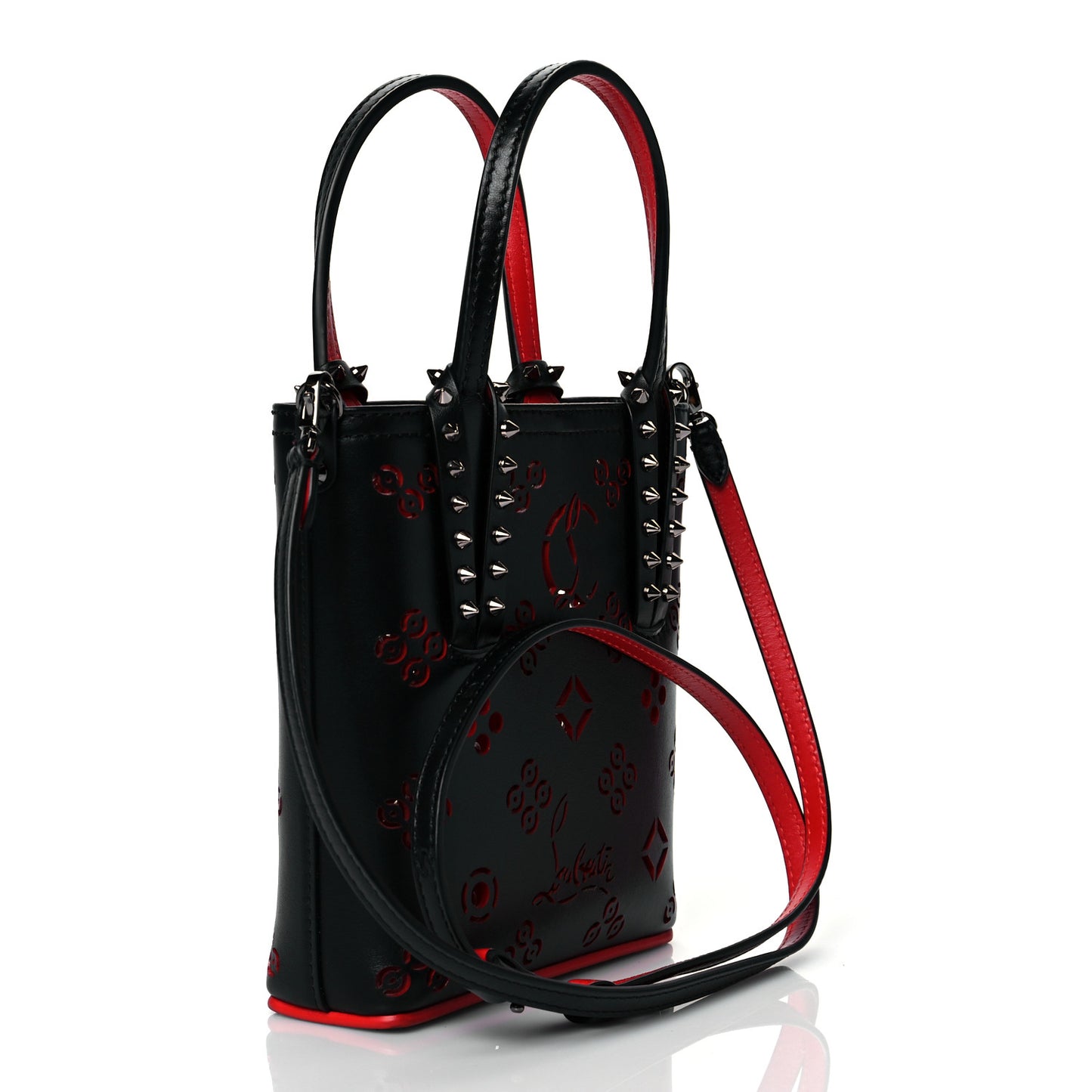 Calfskin Loubinthesky Perforated Spikes Mini North South Cabata Tote Black