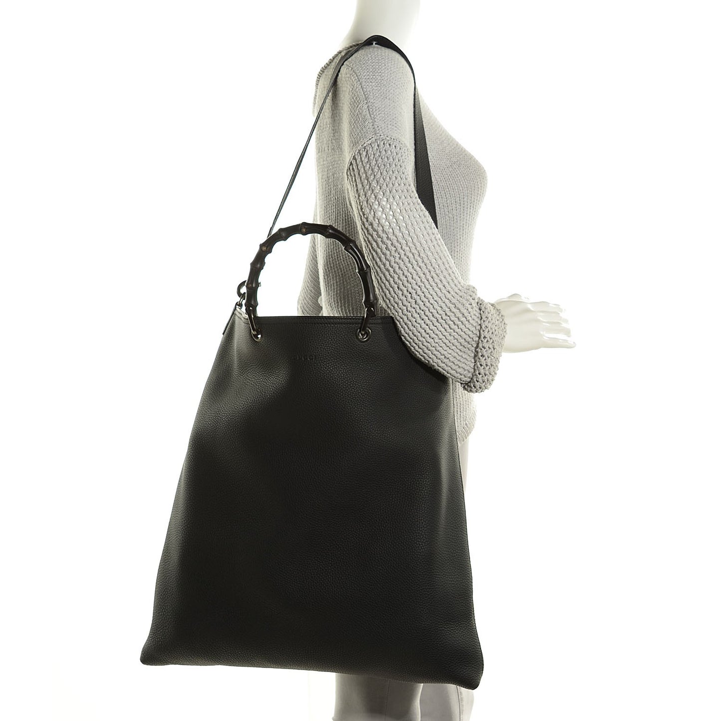 Pebbled Calfskin Large Bamboo Convertible Tote Black