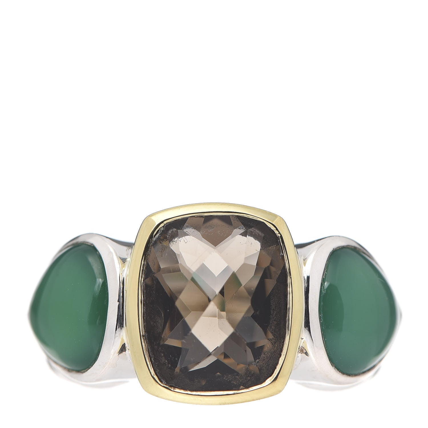 David Yurman Sterling Silver 18K Yellow Gold Green Onyx Smoky Quartz Three Stone Ring 55/7.25 1 of 6