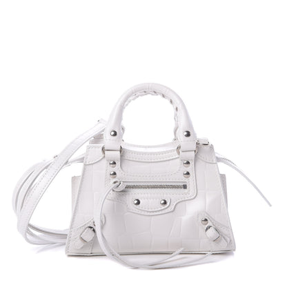 Balenciaga Semi Shiny Calfskin Crocodile Embossed Neo Classic Silver Hardware Nano City Crossbody White 1 of 10