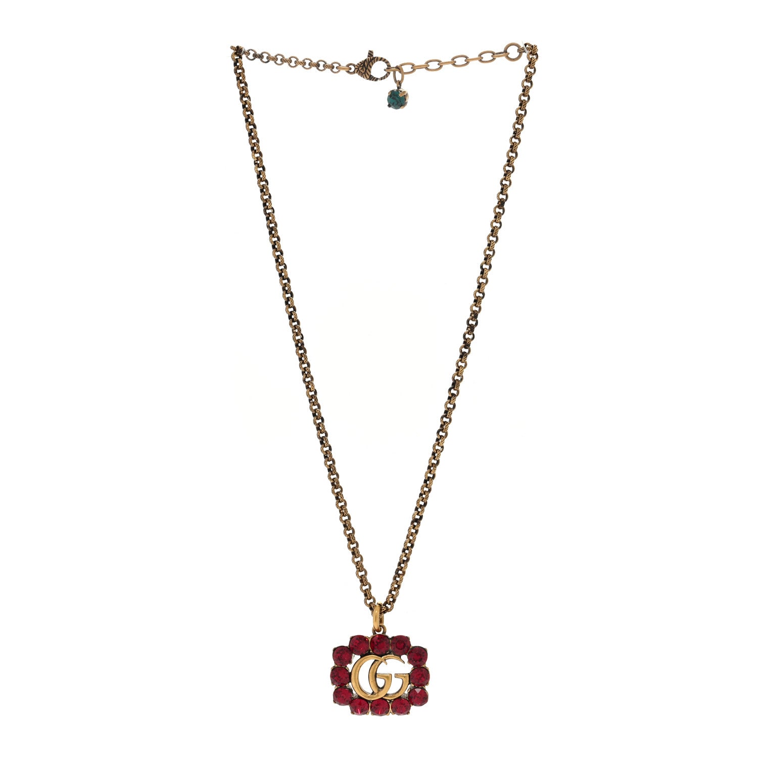 Gucci Crystal Embellished Double G Necklace Aged Gold Red 2 of 6