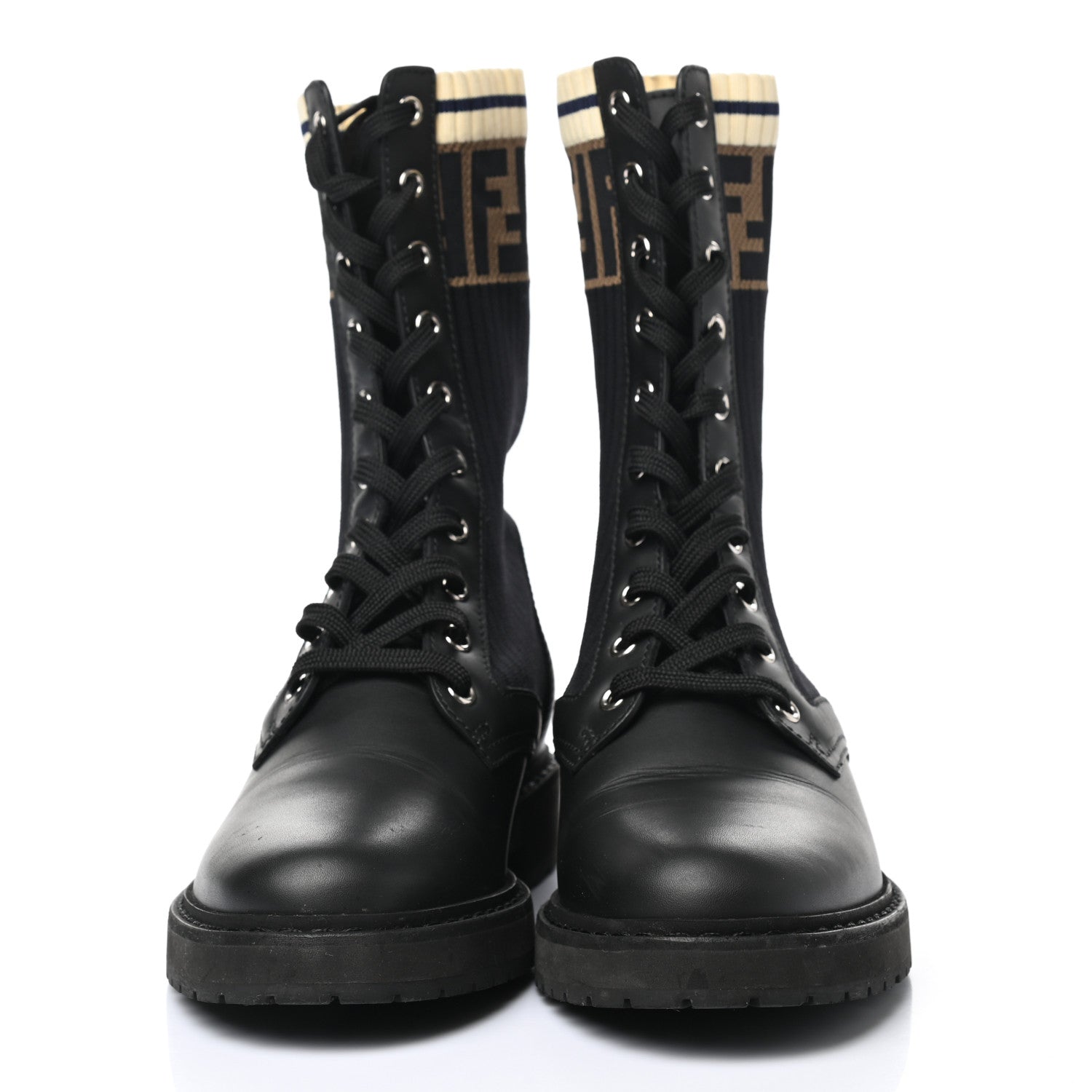 Fendi Calfskin Stretch Fabric Rockoko Biker Boots 37.5 Tobacco Black Marino 2 of 10