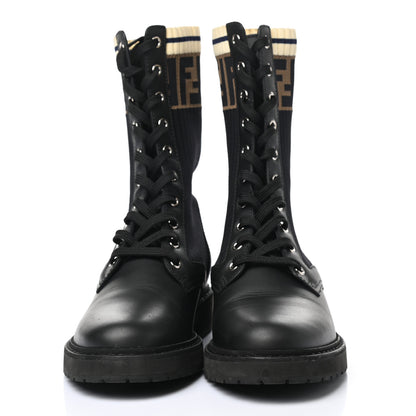 Fendi Calfskin Stretch Fabric Rockoko Biker Boots 37.5 Tobacco Black Marino 2 of 10