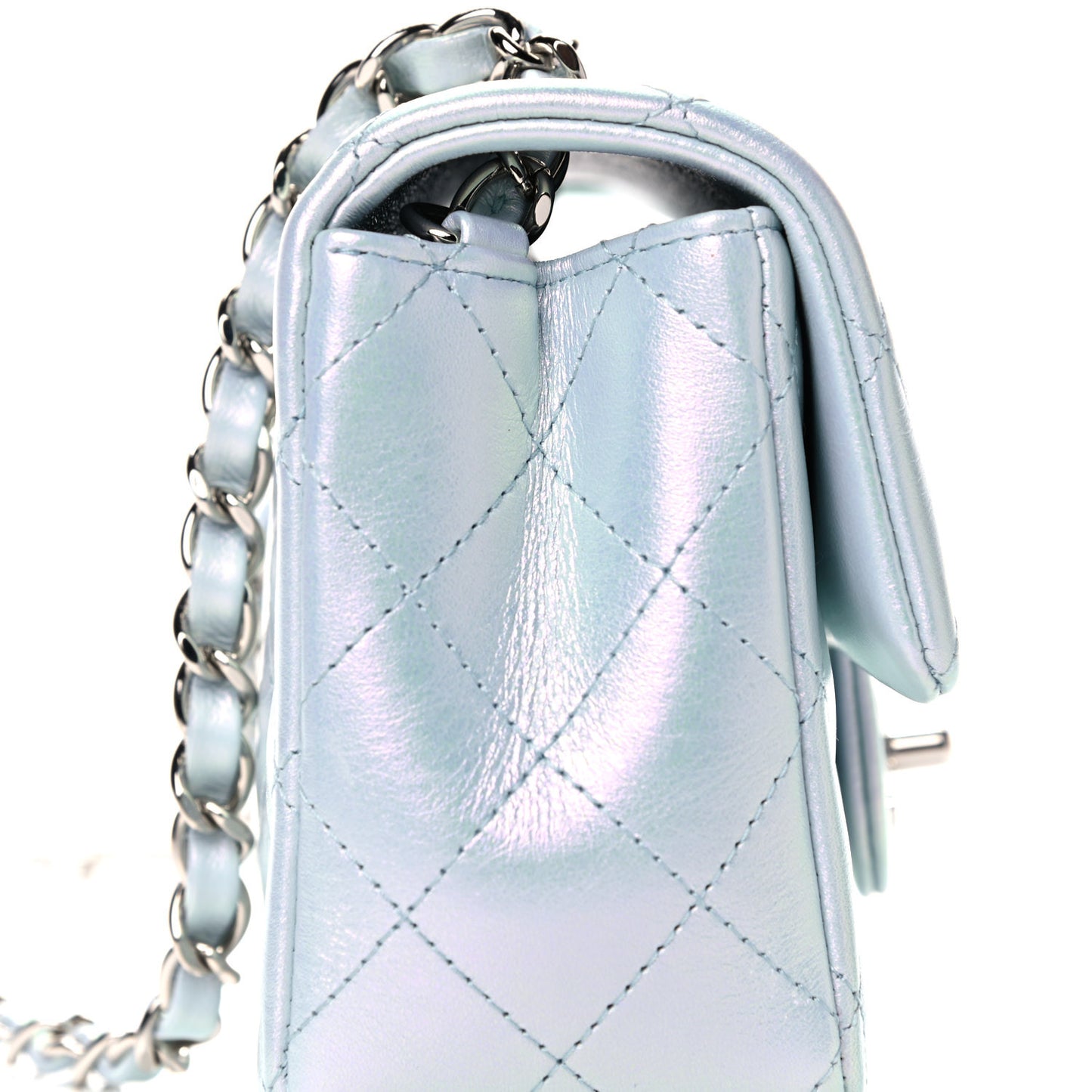 Iridescent Calfskin Quilted Mini Rectangular Flap Light Blue