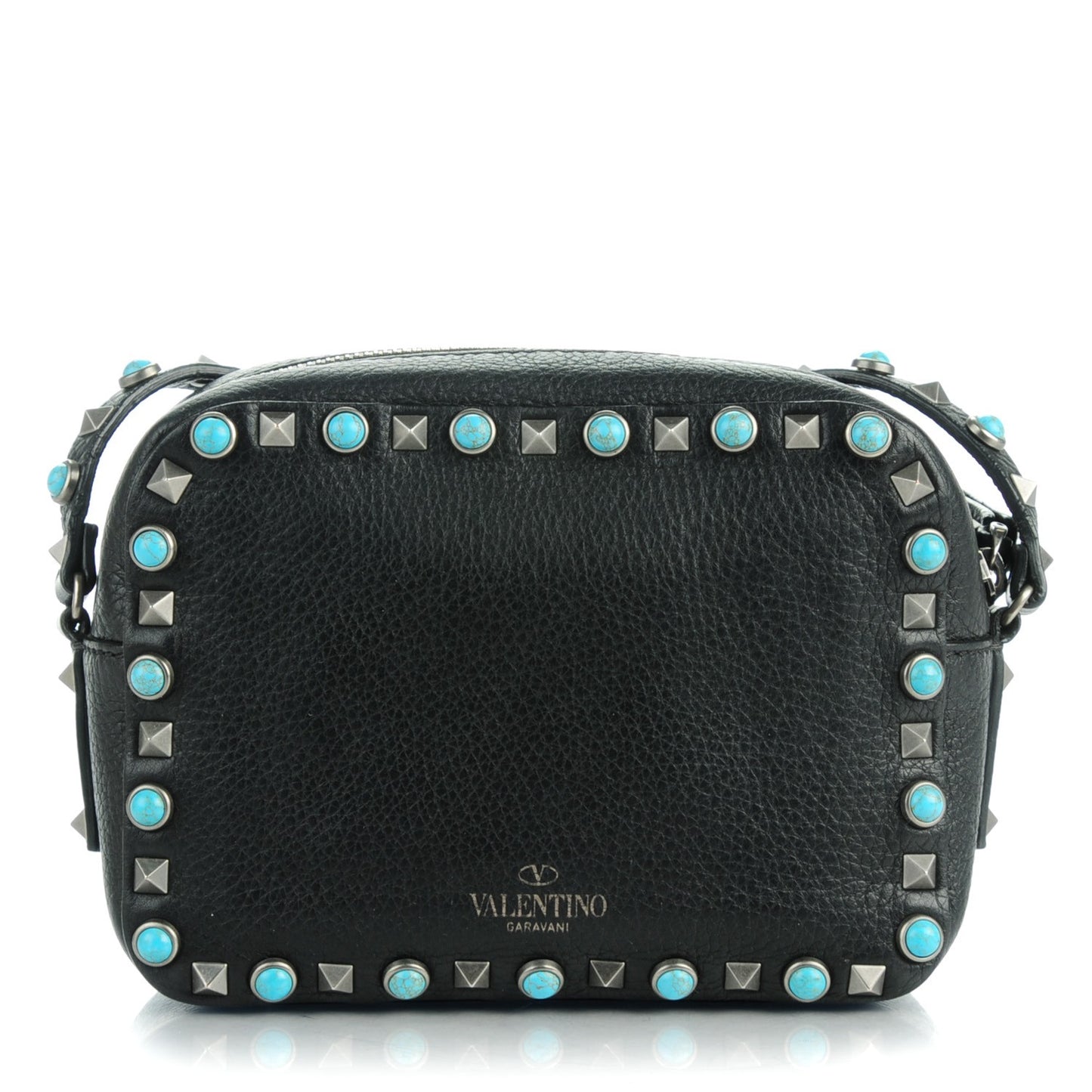 Grained Calfskin Turquoise Rockstud Rolling Camera Crossbody Bag Black