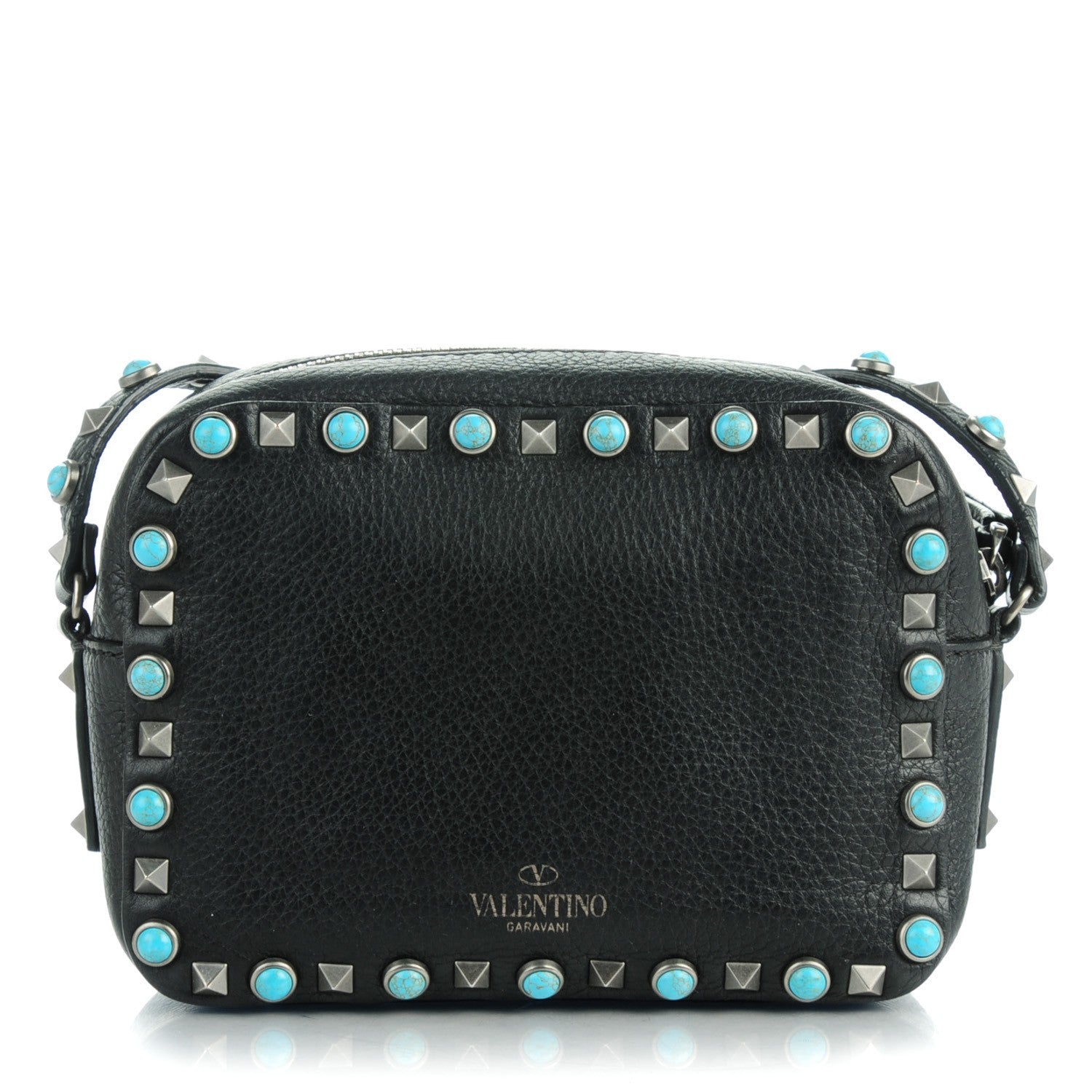 Valentino Garavani Grained Calfskin Turquoise Rockstud Rolling Camera Crossbody Bag Black 1 of 7