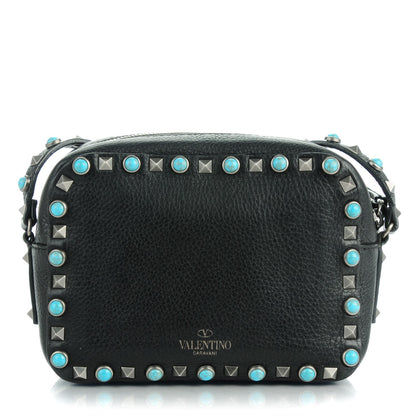 Valentino Garavani Grained Calfskin Turquoise Rockstud Rolling Camera Crossbody Bag Black 1 of 7