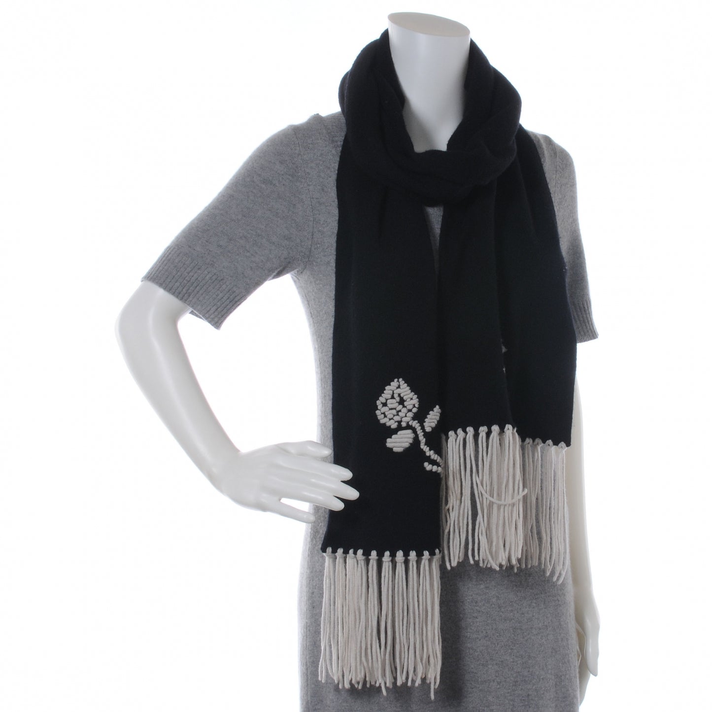 Cashmere CC Camellia Flower Fringe Scarf Black White