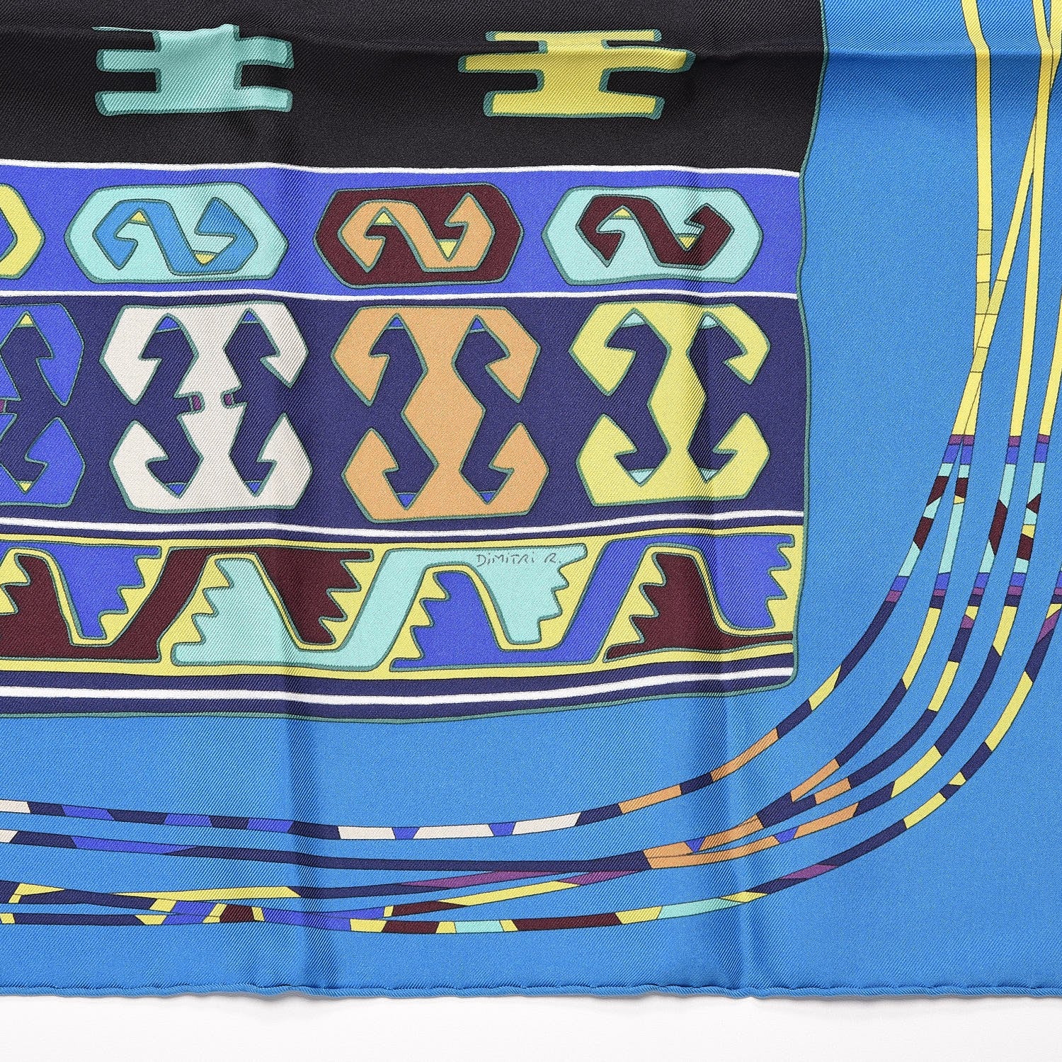 Hermes Silk Kilim Scarf 90 Bleu Klein Noir Chartreuse 4 of 8