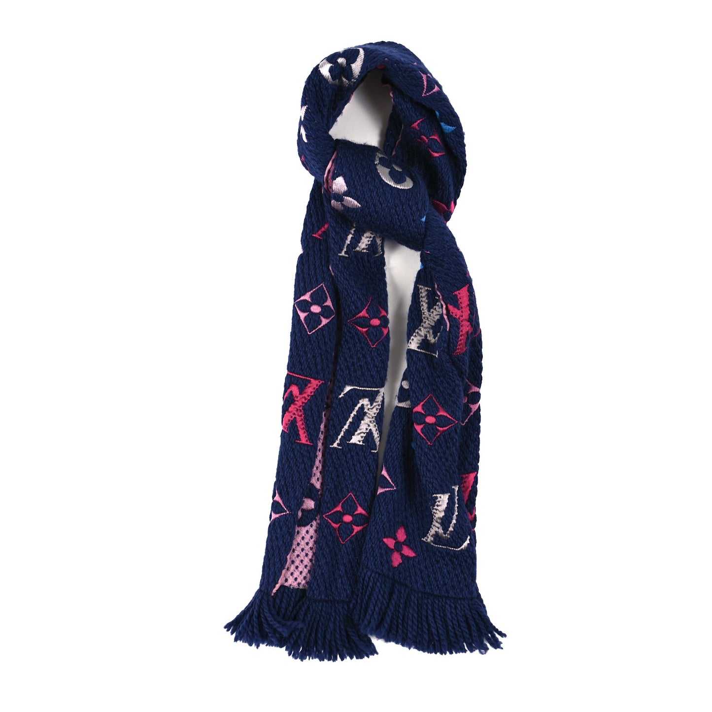 Wool Silk Rainbow Logomania Scarf Navy