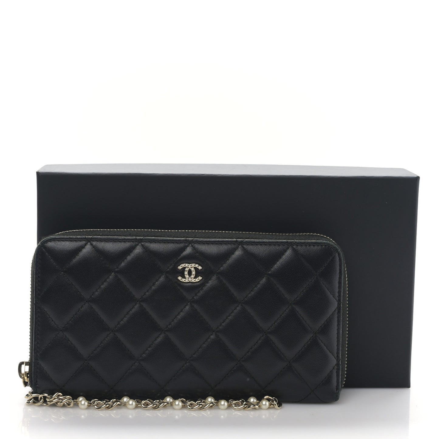 Lambskin Zip Around Large Gusset Wallet With Pearl Chain Black