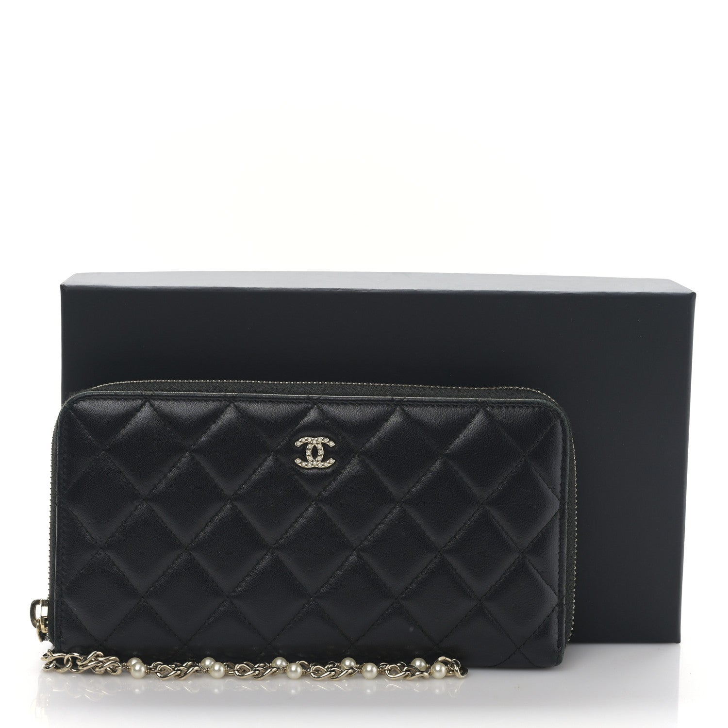 Chanel Lambskin Zip Around Large Gusset Wallet With Pearl Chain Black 11 of 11