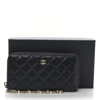 Chanel Lambskin Zip Around Large Gusset Wallet With Pearl Chain Black 11 of 11