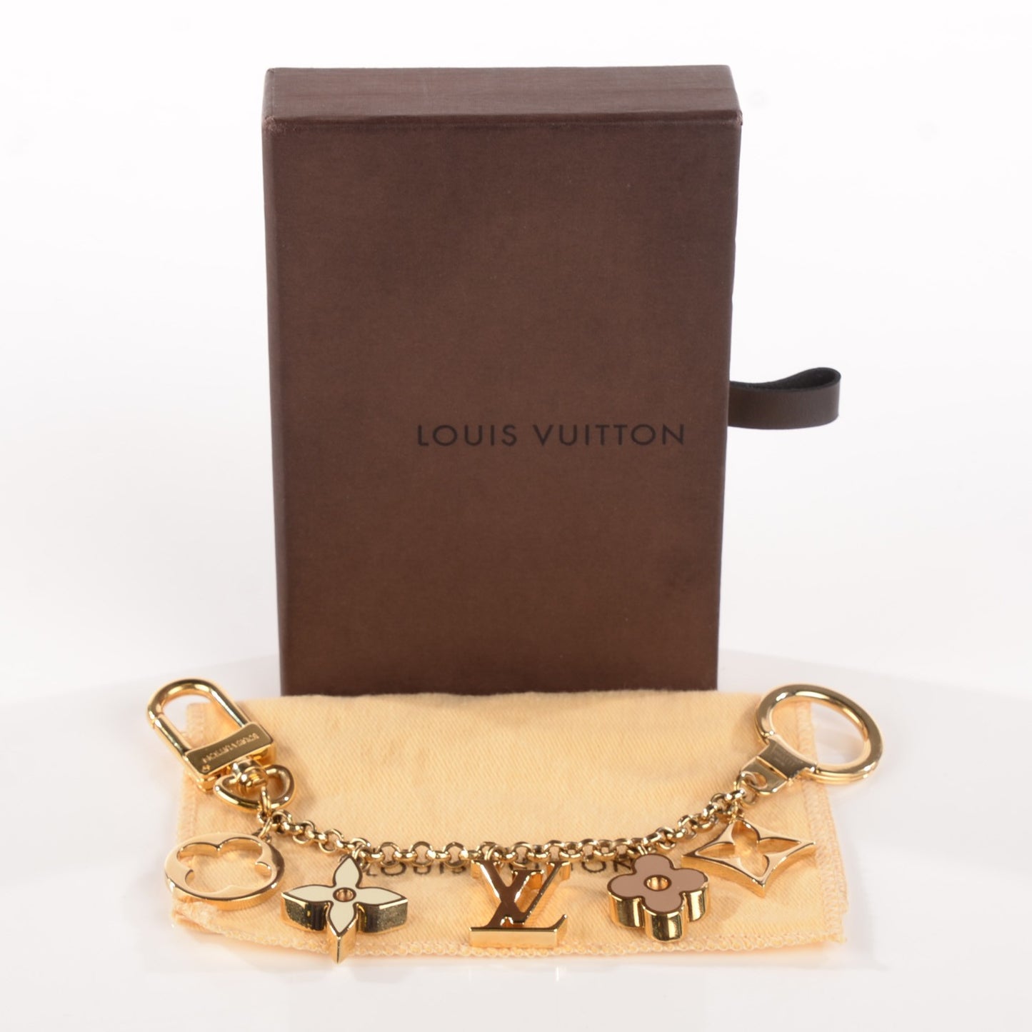 Brass Enamel Fleur De Monogram Bag Charm Chain Gold