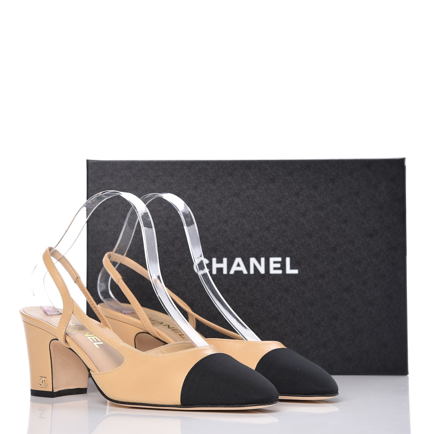 Chanel Goatskin Grosgrain Cap Toe CC Slingback Pumps 39 Beige Black 10 of 10