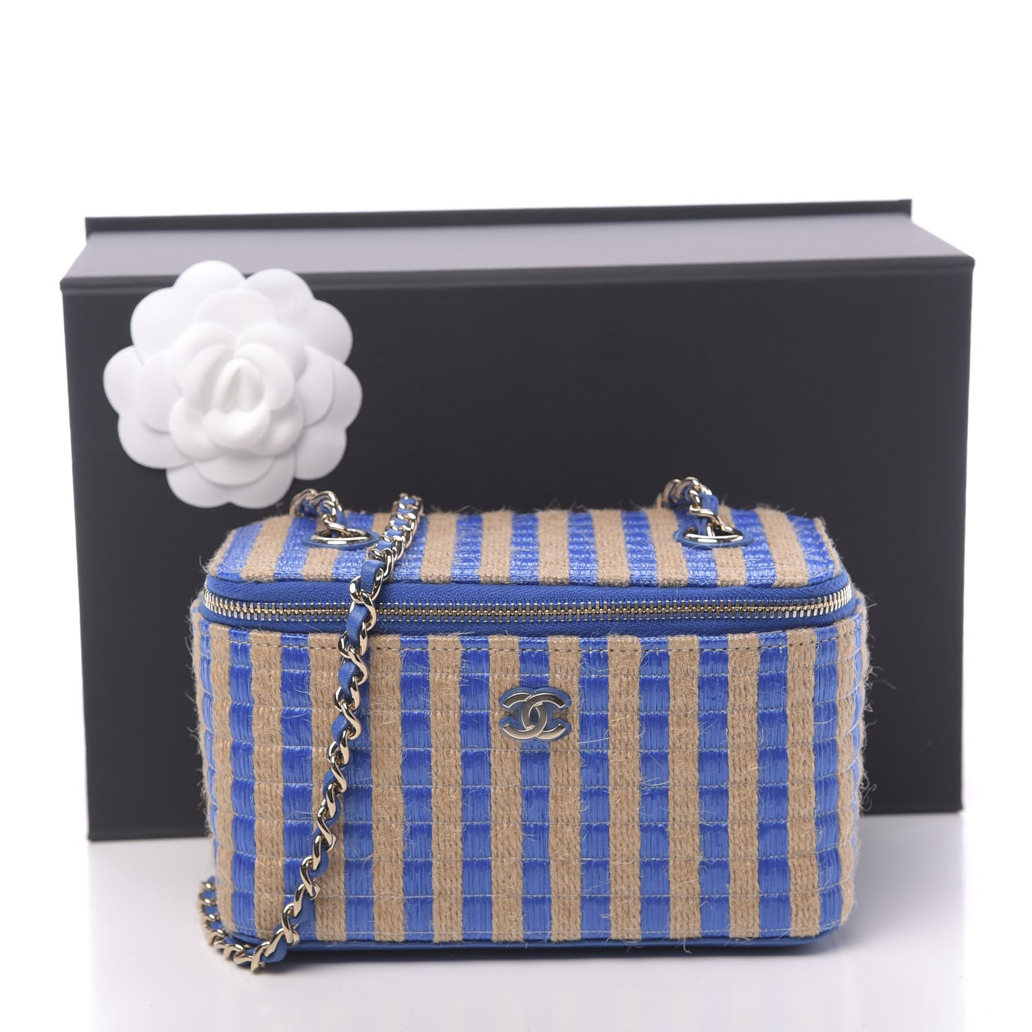 Chanel Raffia Jute Striped Small Vanity Case With Chain Blue Beige 11 of 11