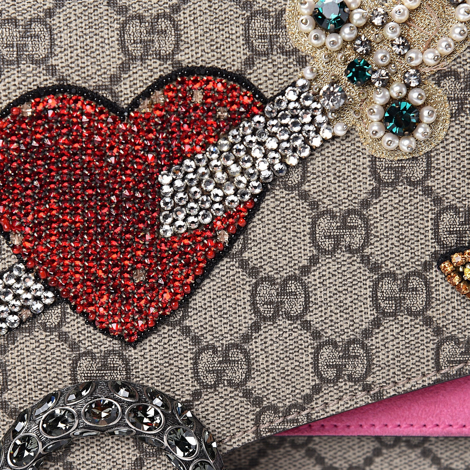 Gucci GG Supreme Monogram Suede Pierced Heart Embroidered Medium Dionysus Shoulder Bag Beige Ebony Pink Tropical Flower 12 of 18