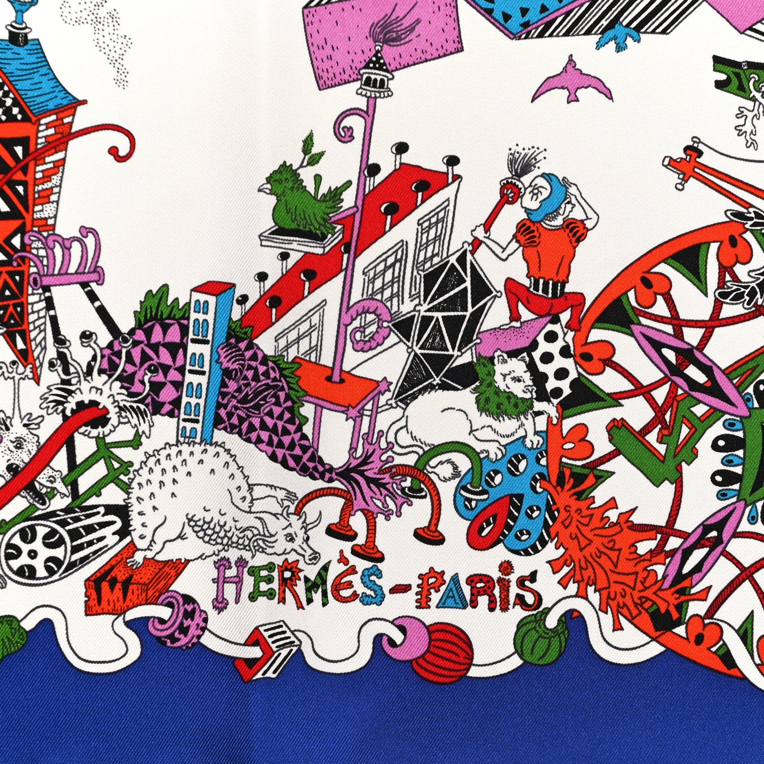 Hermes Silk La Folle Parade Scarf 90 Bleu Roy White Rouge 2 of 5