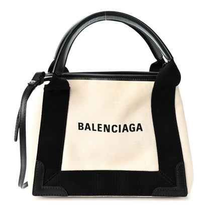 Balenciaga Cotton Canvas Satin Calfskin S Navy Cabas Natural Black 1 of 11