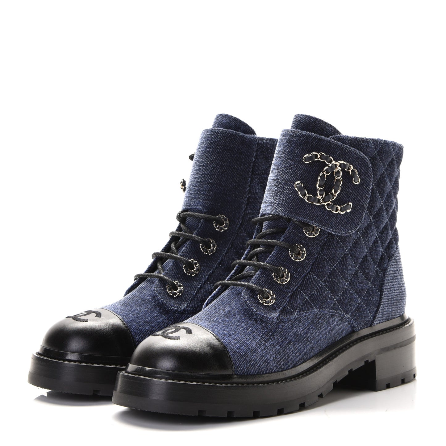 Denim Calfskin Quilted Lace Up Combat Boots 38 Blue