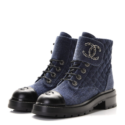 Chanel Denim Calfskin Quilted Lace Up Combat Boots 38 Blue 6 of 6