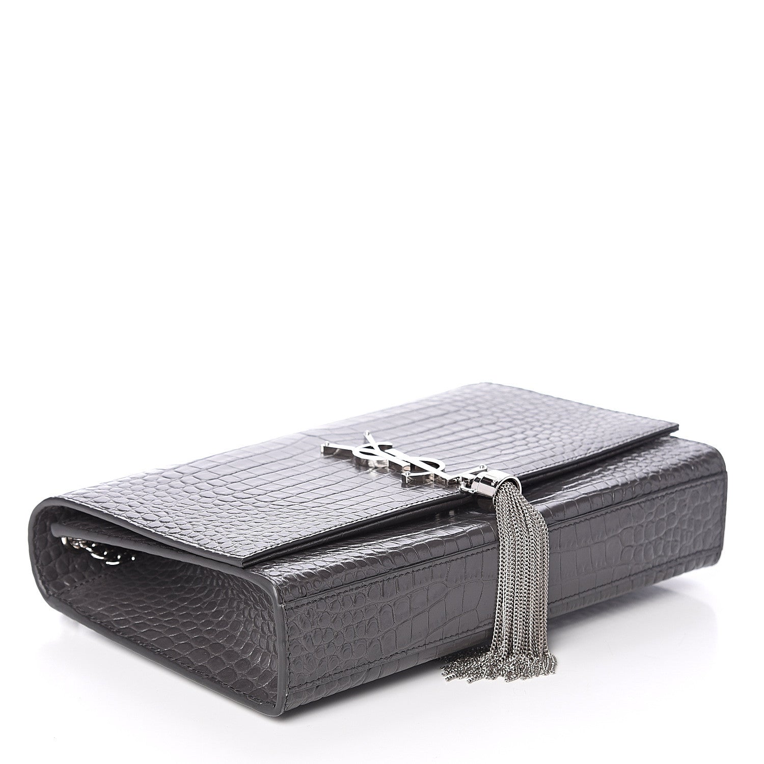Saint Laurent Calfskin Crocodile Embossed Medium Classic Monogram Kate Tassel Satchel Storm 3 of 8