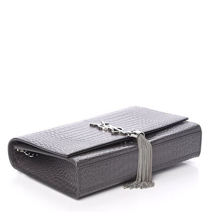 Saint Laurent Calfskin Crocodile Embossed Medium Classic Monogram Kate Tassel Satchel Storm 3 of 8