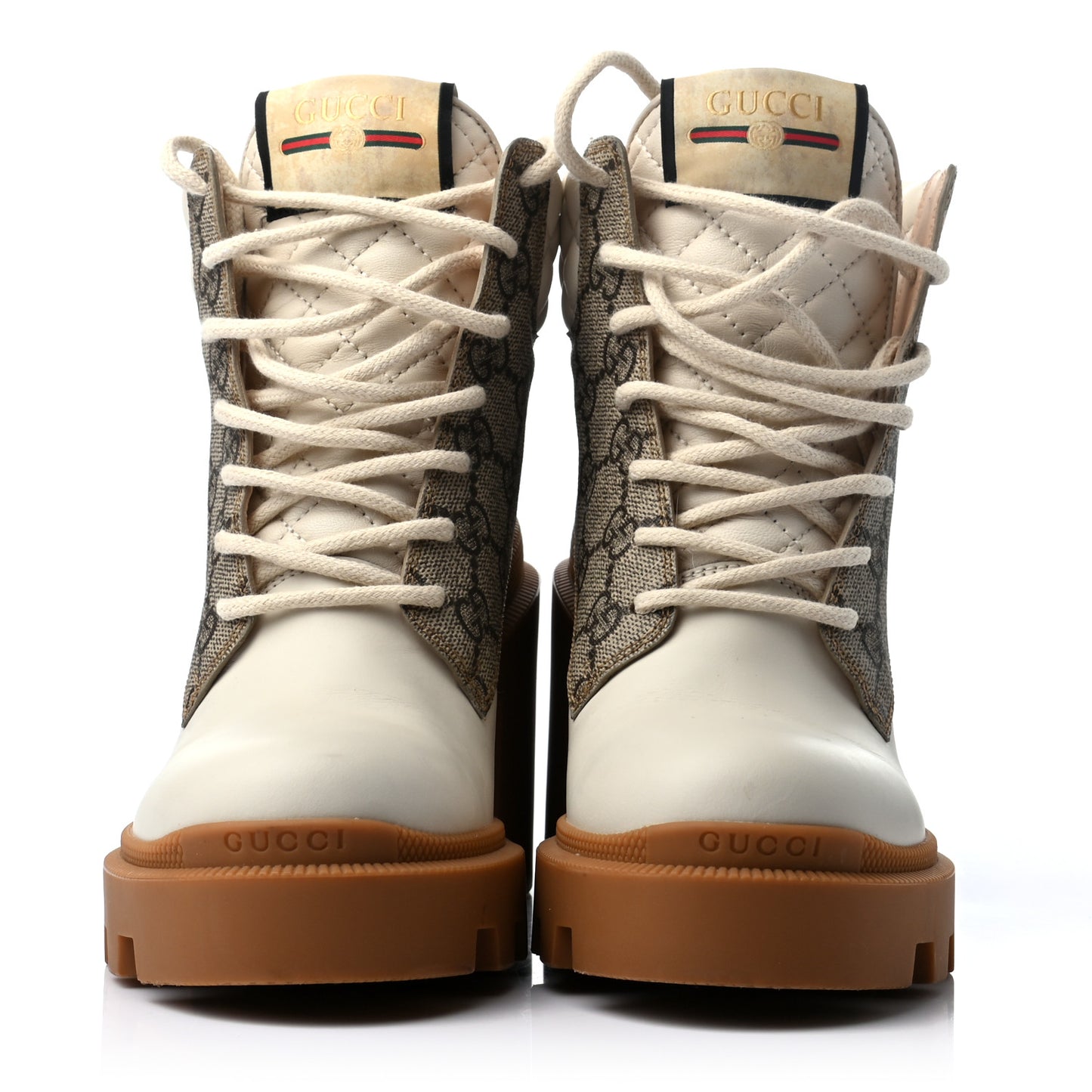 Calfskin GG Supreme Monogram Nappa Quilted Lace Up Ankle Boots 35 Mystic White Beige