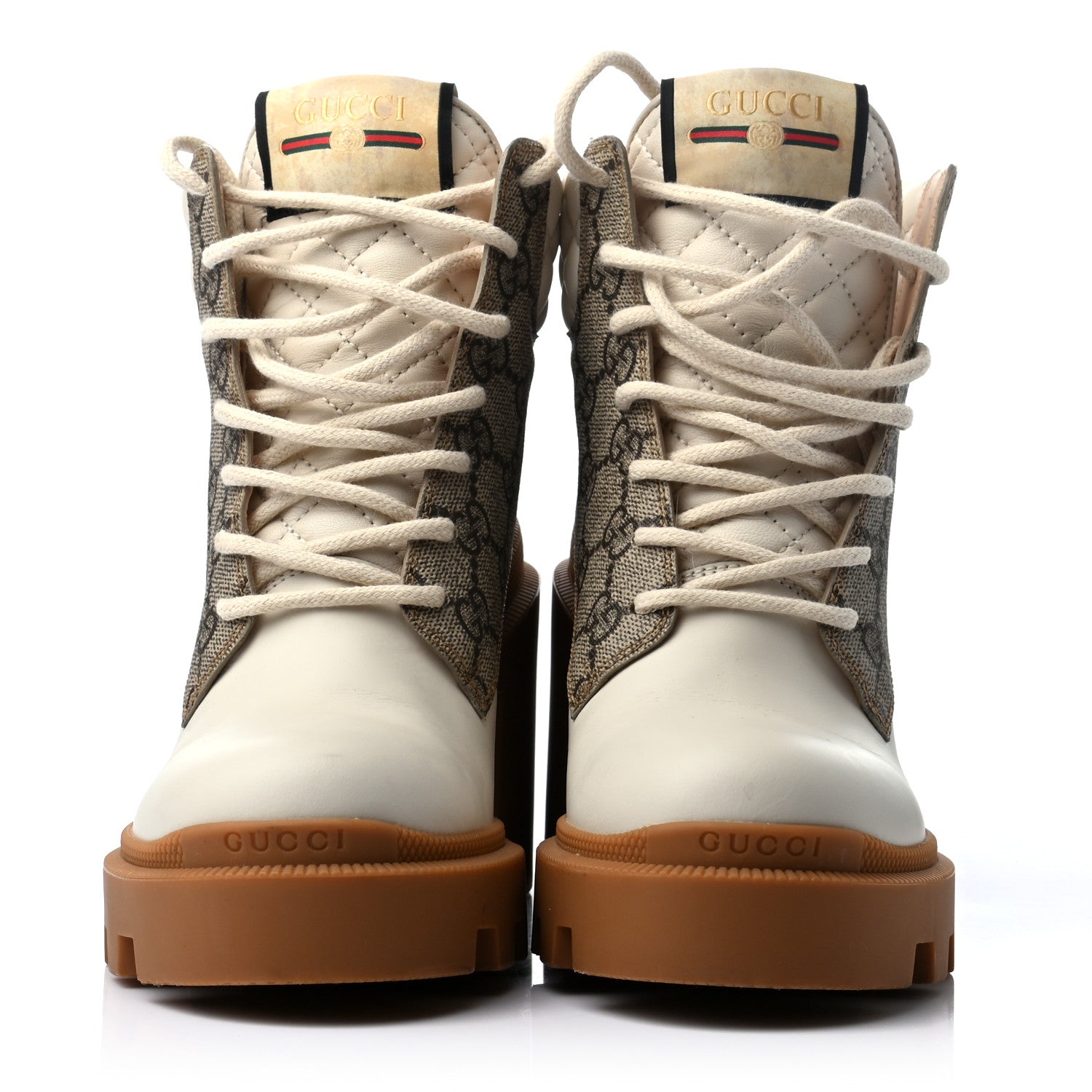 Gucci Calfskin GG Supreme Monogram Nappa Quilted Lace Up Ankle Boots 35 Mystic White Beige 2 of 8