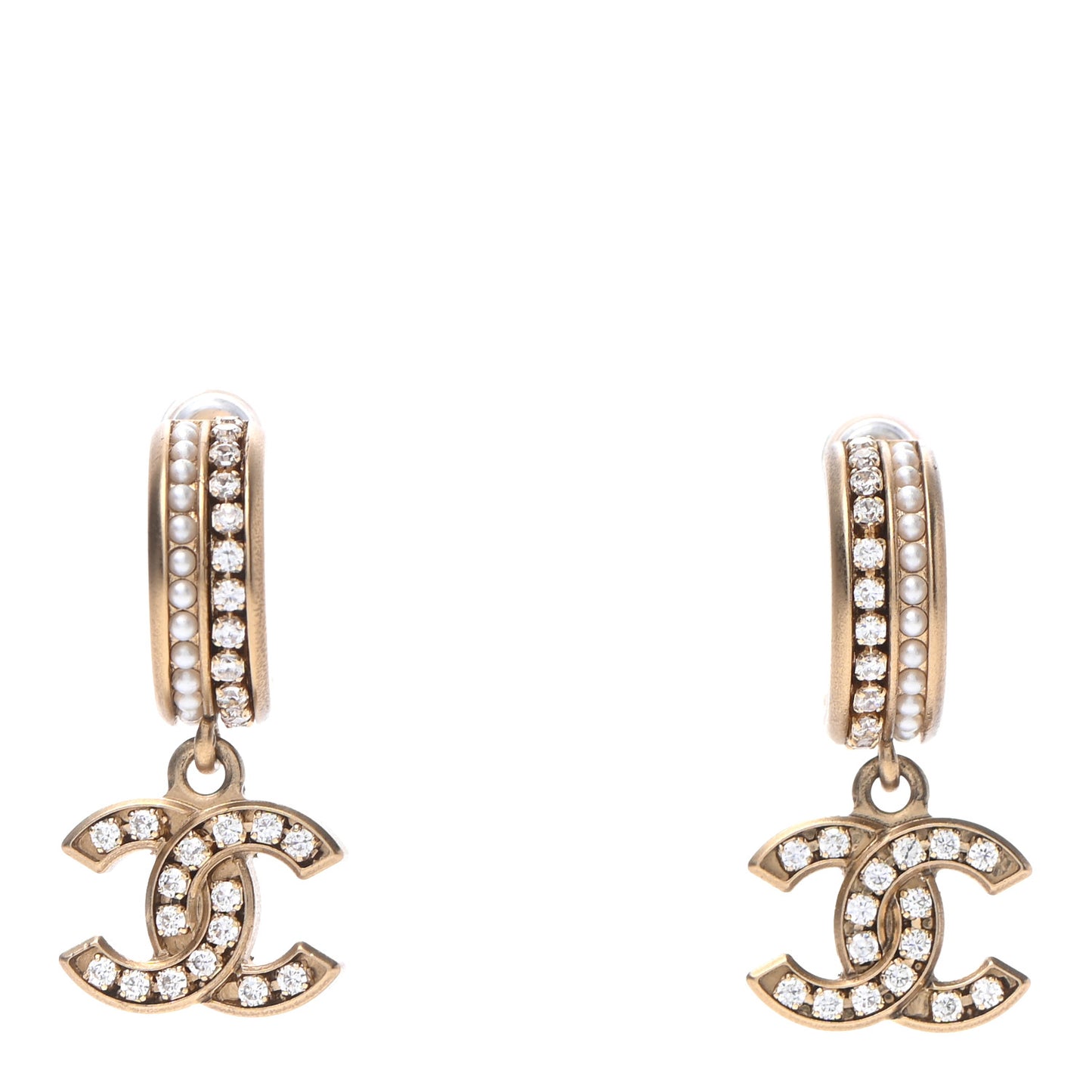 Crystal Pearl CC Hoop Drop Earrings Gold
