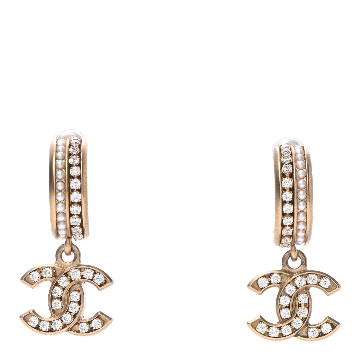 Chanel Crystal Pearl CC Hoop Drop Earrings Gold 1 of 4