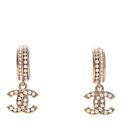 Chanel Crystal Pearl CC Hoop Drop Earrings Gold 1 of 4