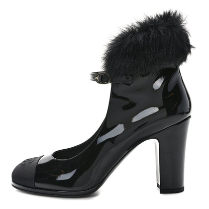 Chanel Patent Shearling Lambskin Cap Toe Mary Jane Pumps 41 Black 1 of 8